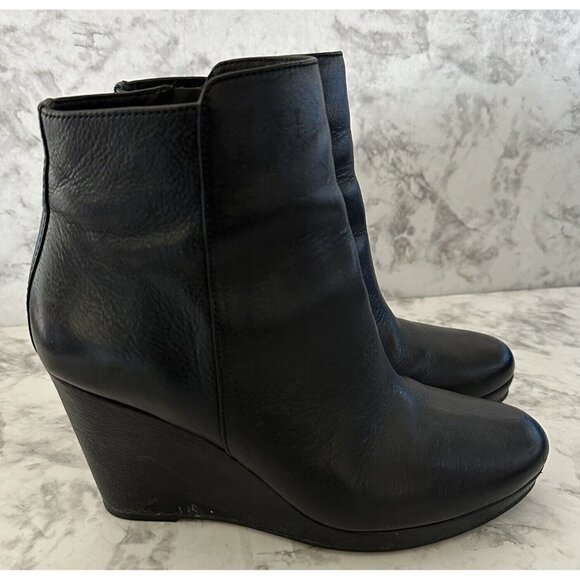 Via Spiga Leather Ankle Boots‎ Womens 9.5 Black Wedge 3.5” Booties - Picture 1 of 11